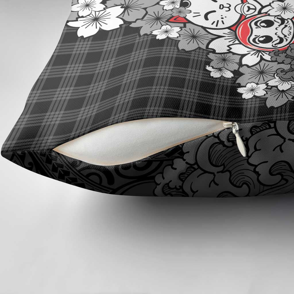 Black Palaka Hawaiian And Japanese Pillow Cover Maneki Neko And Sakura Bloom