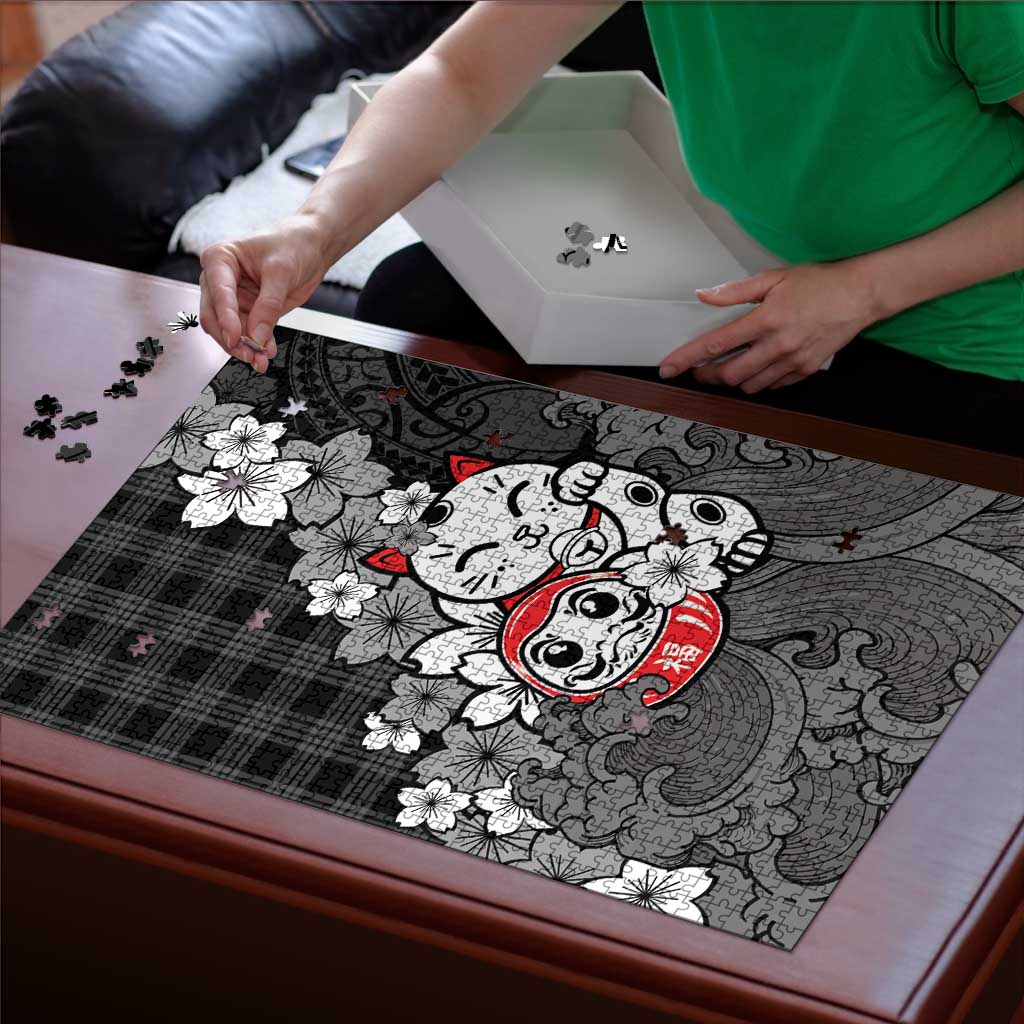 Black Palaka Hawaiian And Japanese Puzzle Maneki Neko And Sakura Bloom