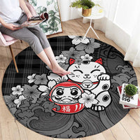 Black Palaka Hawaiian And Japanese Round Carpet Maneki Neko And Sakura Bloom