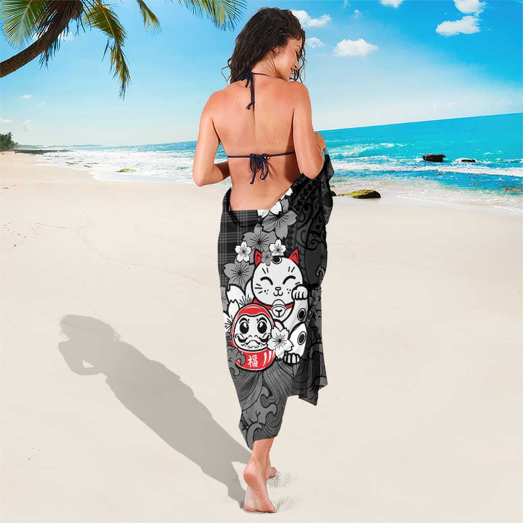 Black Palaka Hawaiian And Japanese Sarong Maneki Neko And Sakura Bloom