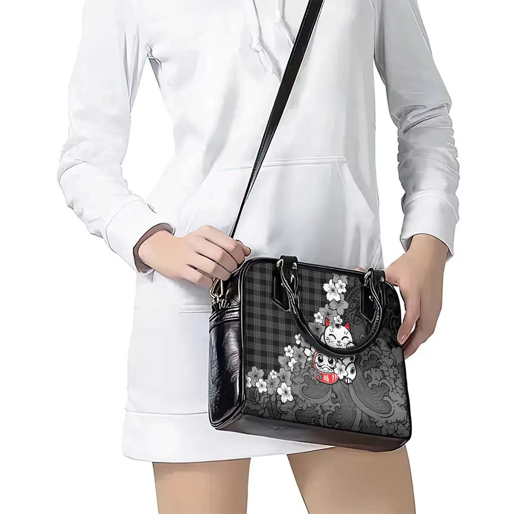 Black Palaka Hawaiian And Japanese Shoulder Handbag Maneki Neko And Sakura Bloom