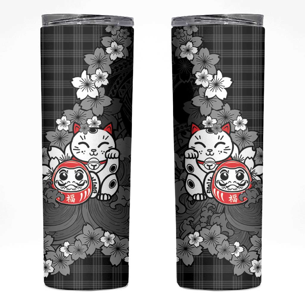 Black Palaka Hawaiian And Japanese Skinny Tumbler Maneki Neko And Sakura Bloom