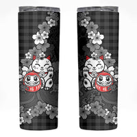 Black Palaka Hawaiian And Japanese Skinny Tumbler Maneki Neko And Sakura Bloom