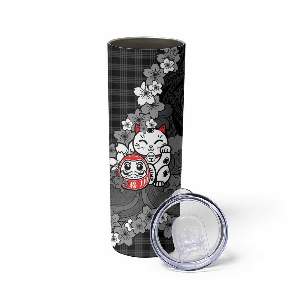 Black Palaka Hawaiian And Japanese Skinny Tumbler Maneki Neko And Sakura Bloom