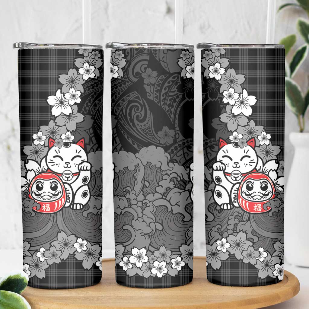 Black Palaka Hawaiian And Japanese Skinny Tumbler Maneki Neko And Sakura Bloom