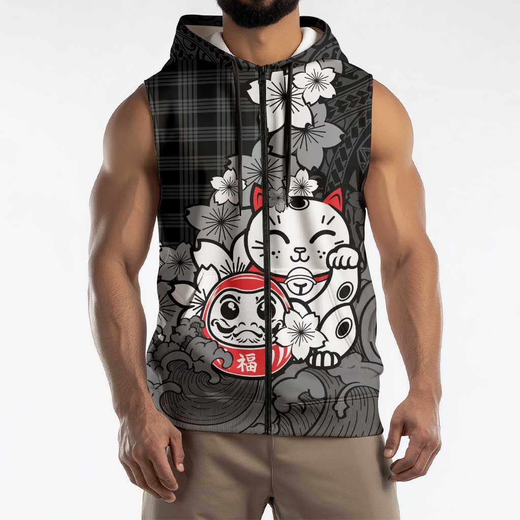 Black Palaka Hawaiian And Japanese Sleeveless Zip Hoodie Maneki Neko And Sakura Bloom