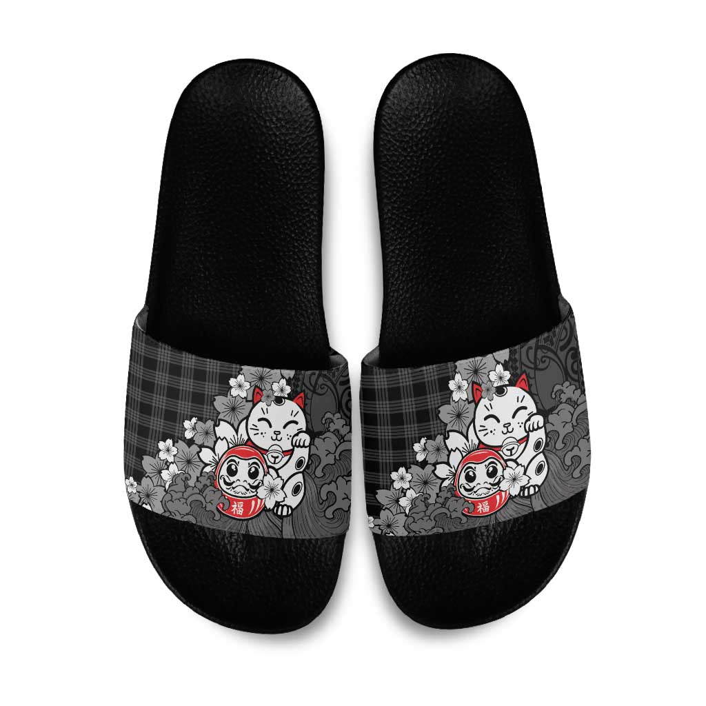 Black Palaka Hawaiian And Japanese Slide Sandals Maneki Neko And Sakura Bloom