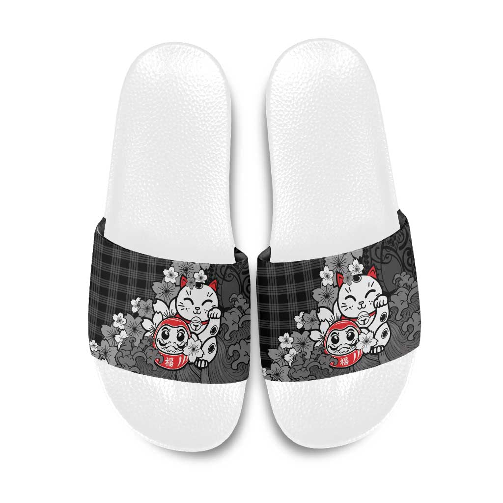 Black Palaka Hawaiian And Japanese Slide Sandals Maneki Neko And Sakura Bloom