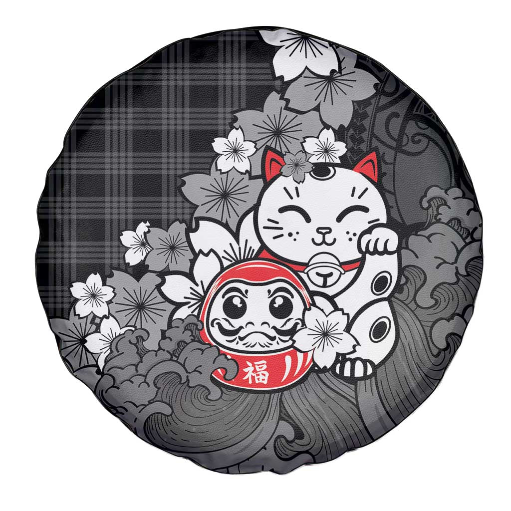 Black Palaka Hawaiian And Japanese Spare Tire Cover Maneki Neko And Sakura Bloom