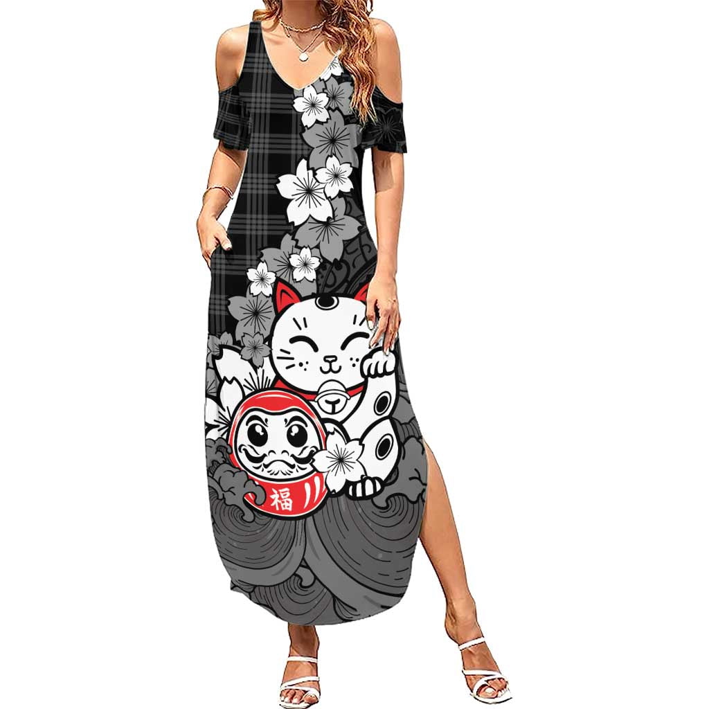 Black Palaka Hawaiian And Japanese Summer Maxi Dress Maneki Neko And Sakura Bloom