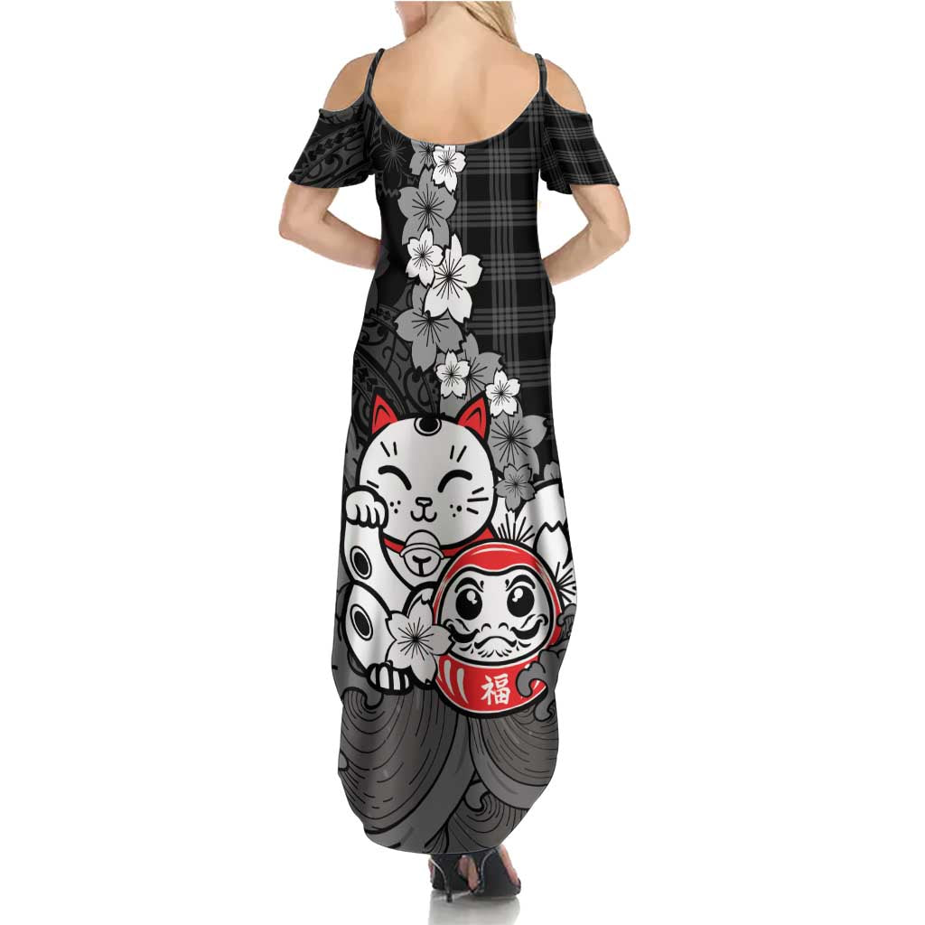 Black Palaka Hawaiian And Japanese Summer Maxi Dress Maneki Neko And Sakura Bloom