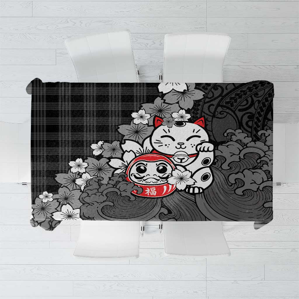 Black Palaka Hawaiian And Japanese Tablecloth Maneki Neko And Sakura Bloom