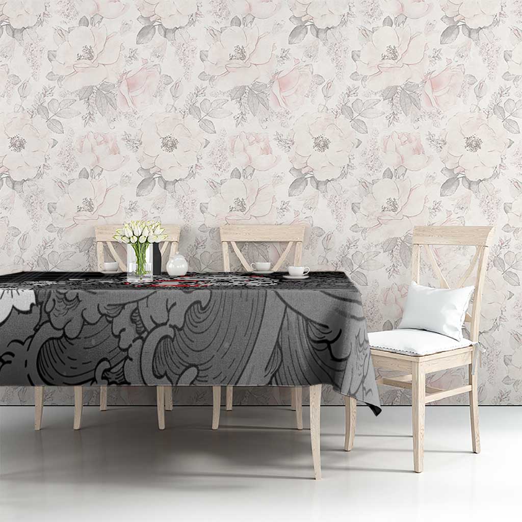 Black Palaka Hawaiian And Japanese Tablecloth Maneki Neko And Sakura Bloom