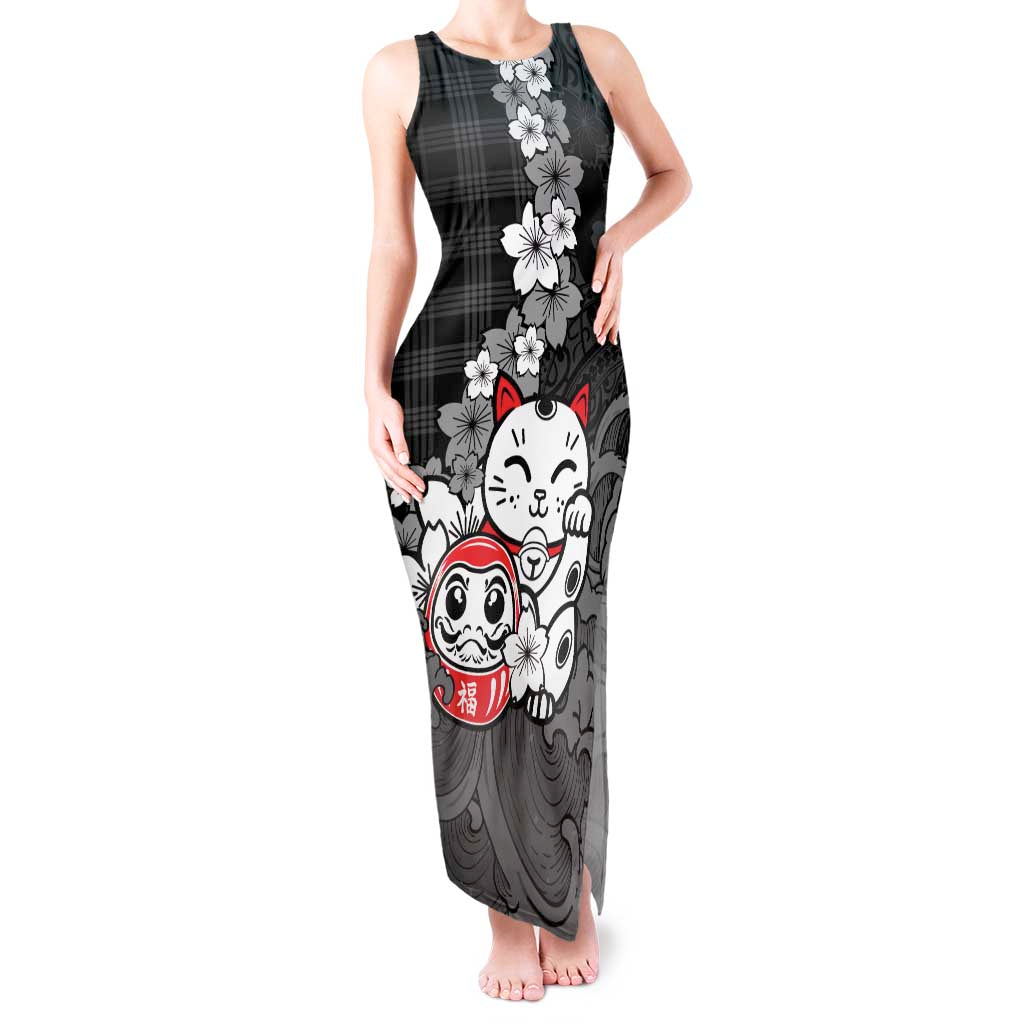 Black Palaka Hawaiian And Japanese Tank Maxi Dress Maneki Neko And Sakura Bloom