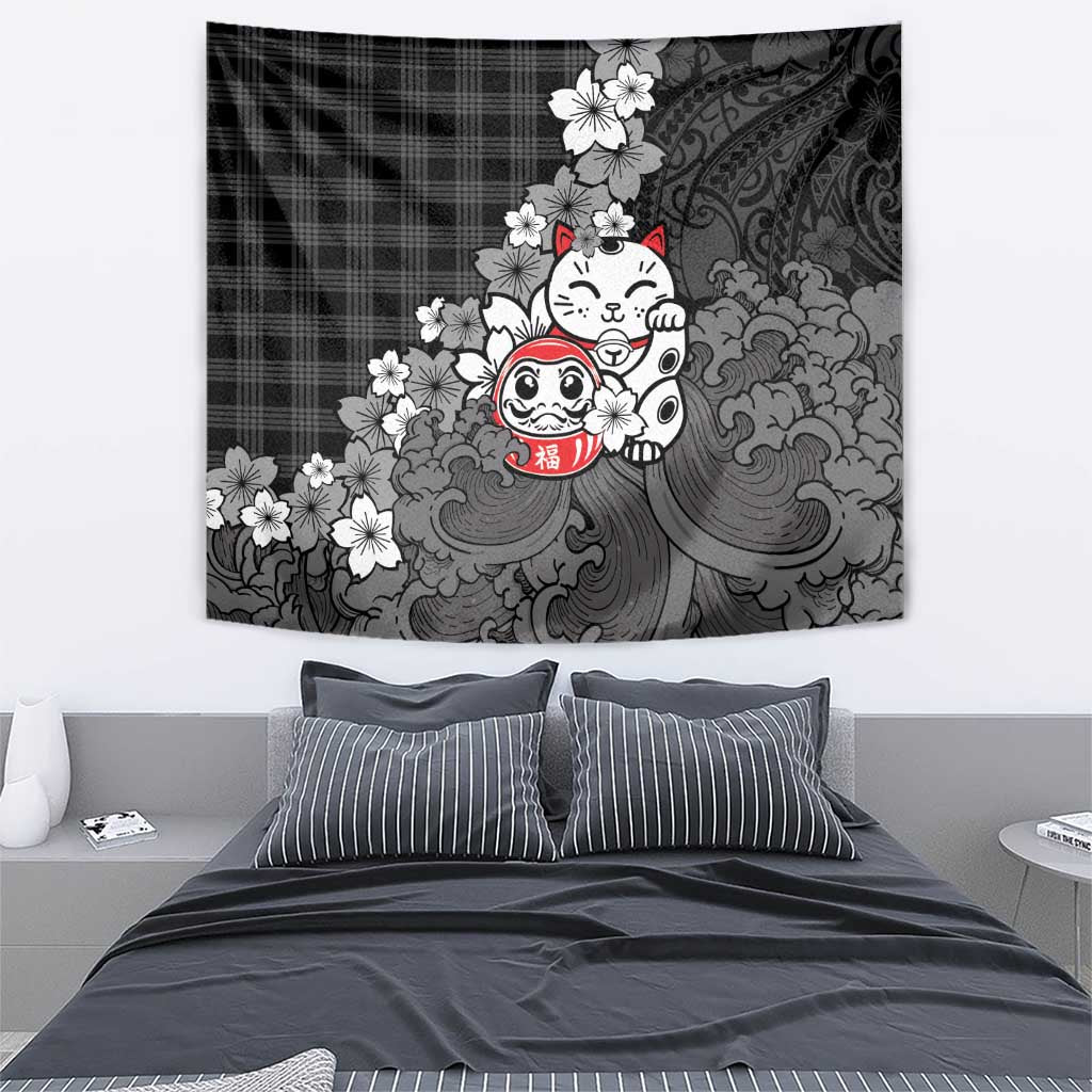 Black Palaka Hawaiian And Japanese Tapestry Maneki Neko And Sakura Bloom
