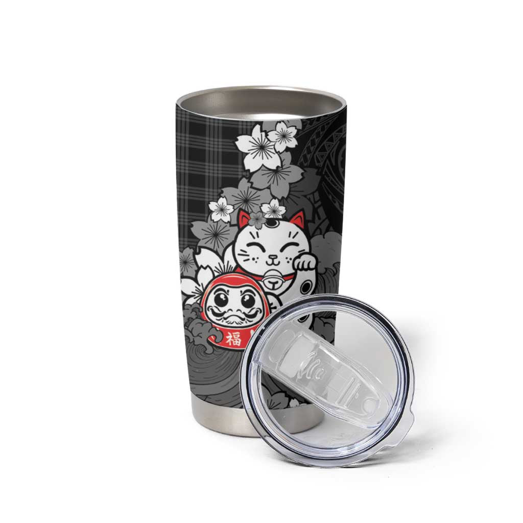 Black Palaka Hawaiian And Japanese Tumbler Cup Maneki Neko And Sakura Bloom