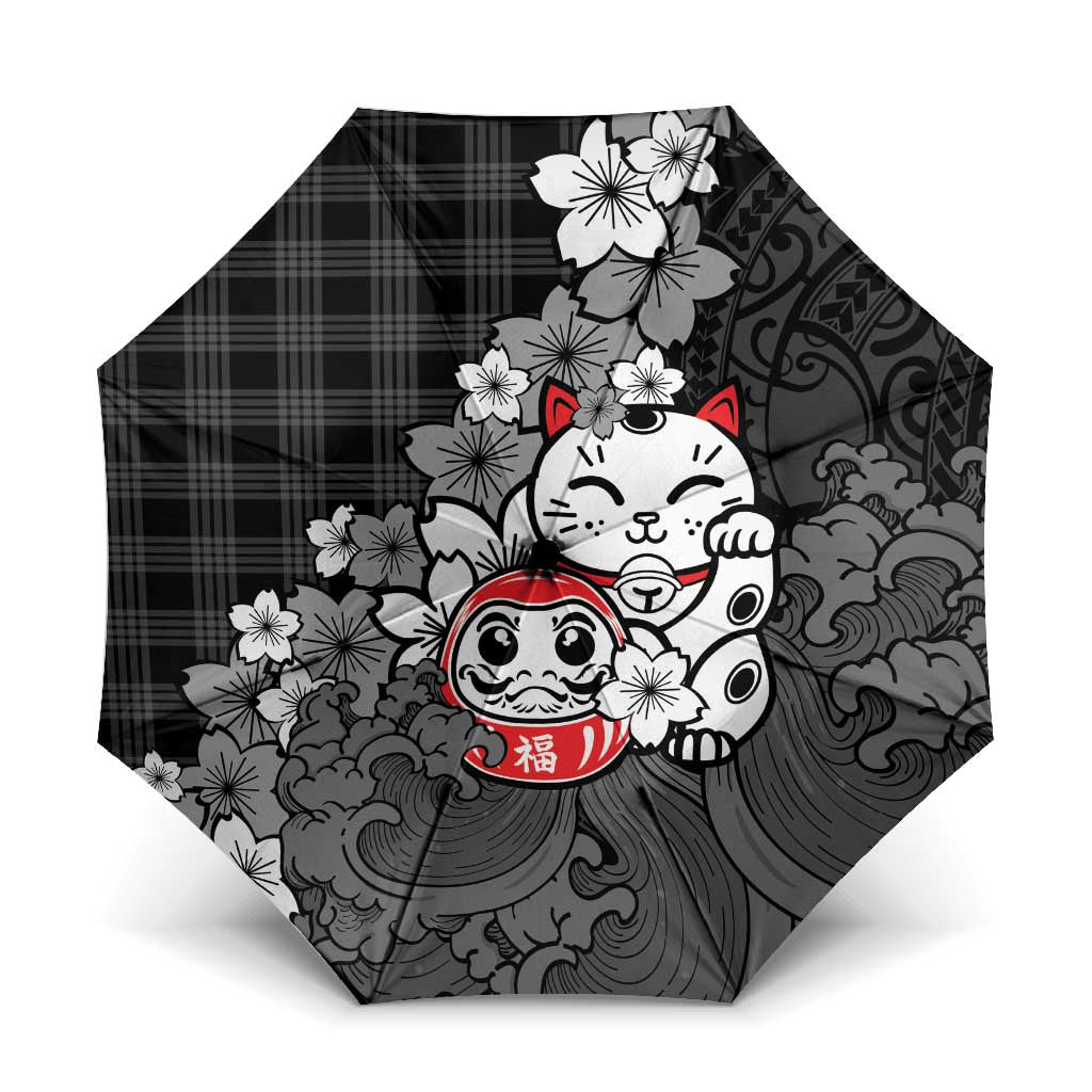 Black Palaka Hawaiian And Japanese Umbrella Maneki Neko And Sakura Bloom