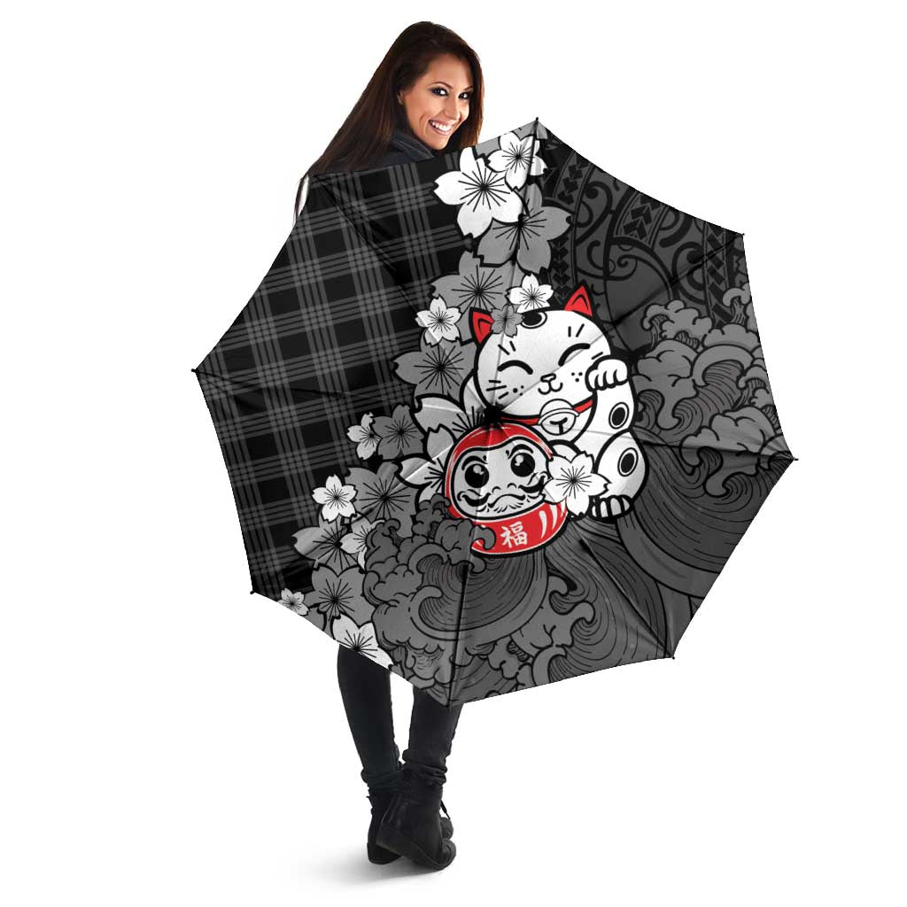 Black Palaka Hawaiian And Japanese Umbrella Maneki Neko And Sakura Bloom