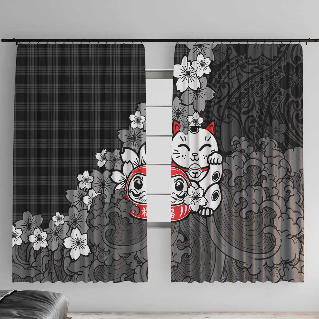 Black Palaka Hawaiian And Japanese Window Curtain Maneki Neko And Sakura Bloom