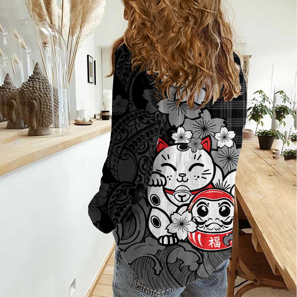 Black Palaka Hawaiian And Japanese Women Casual Shirt Maneki Neko And Sakura Bloom