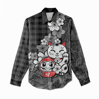 Black Palaka Hawaiian And Japanese Women Casual Shirt Maneki Neko And Sakura Bloom