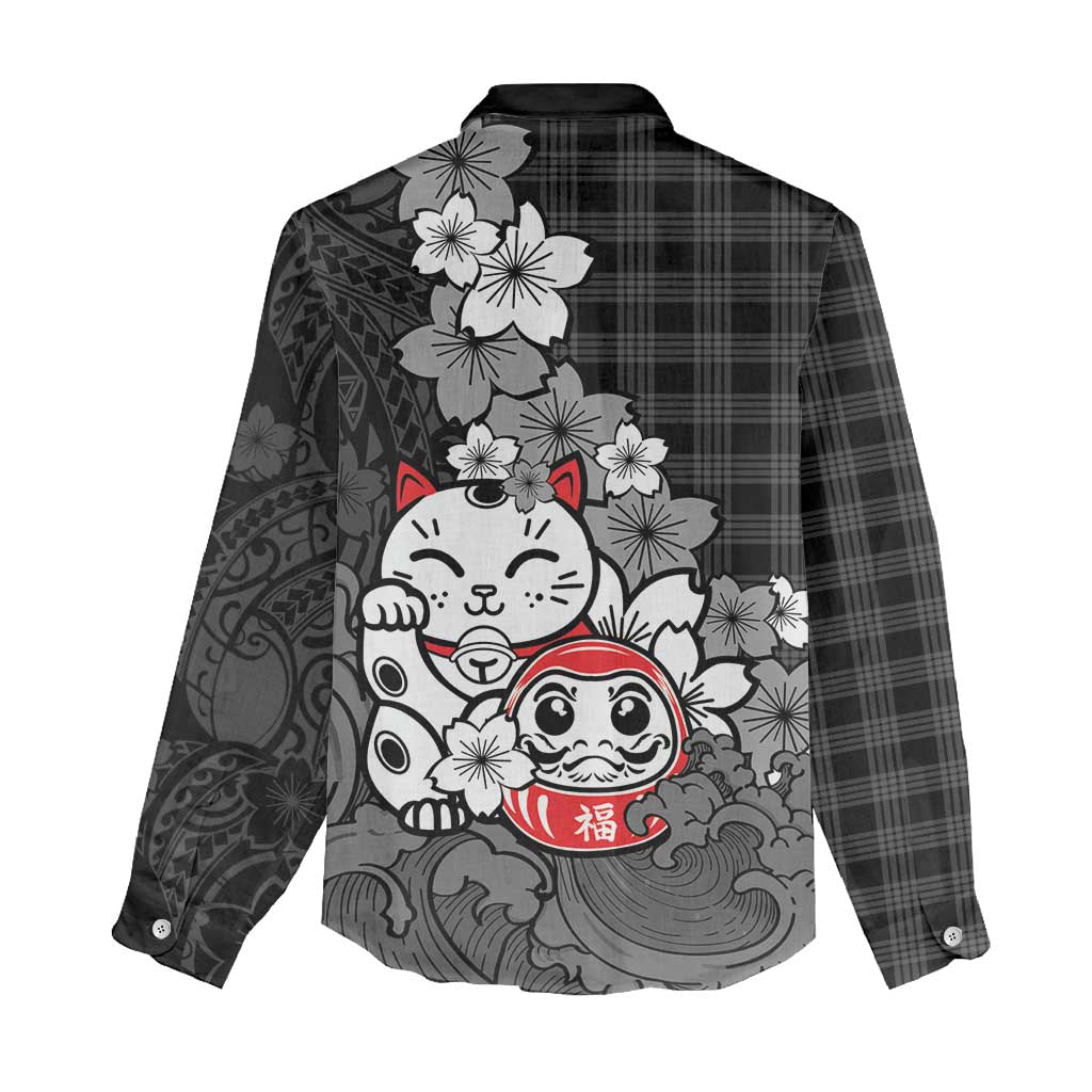 Black Palaka Hawaiian And Japanese Women Casual Shirt Maneki Neko And Sakura Bloom