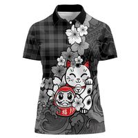 Black Palaka Hawaiian And Japanese Women Polo Shirt Maneki Neko And Sakura Bloom
