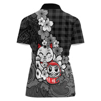 Black Palaka Hawaiian And Japanese Women Polo Shirt Maneki Neko And Sakura Bloom