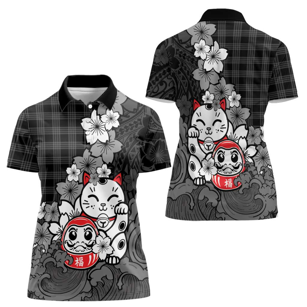 Black Palaka Hawaiian And Japanese Women Polo Shirt Maneki Neko And Sakura Bloom