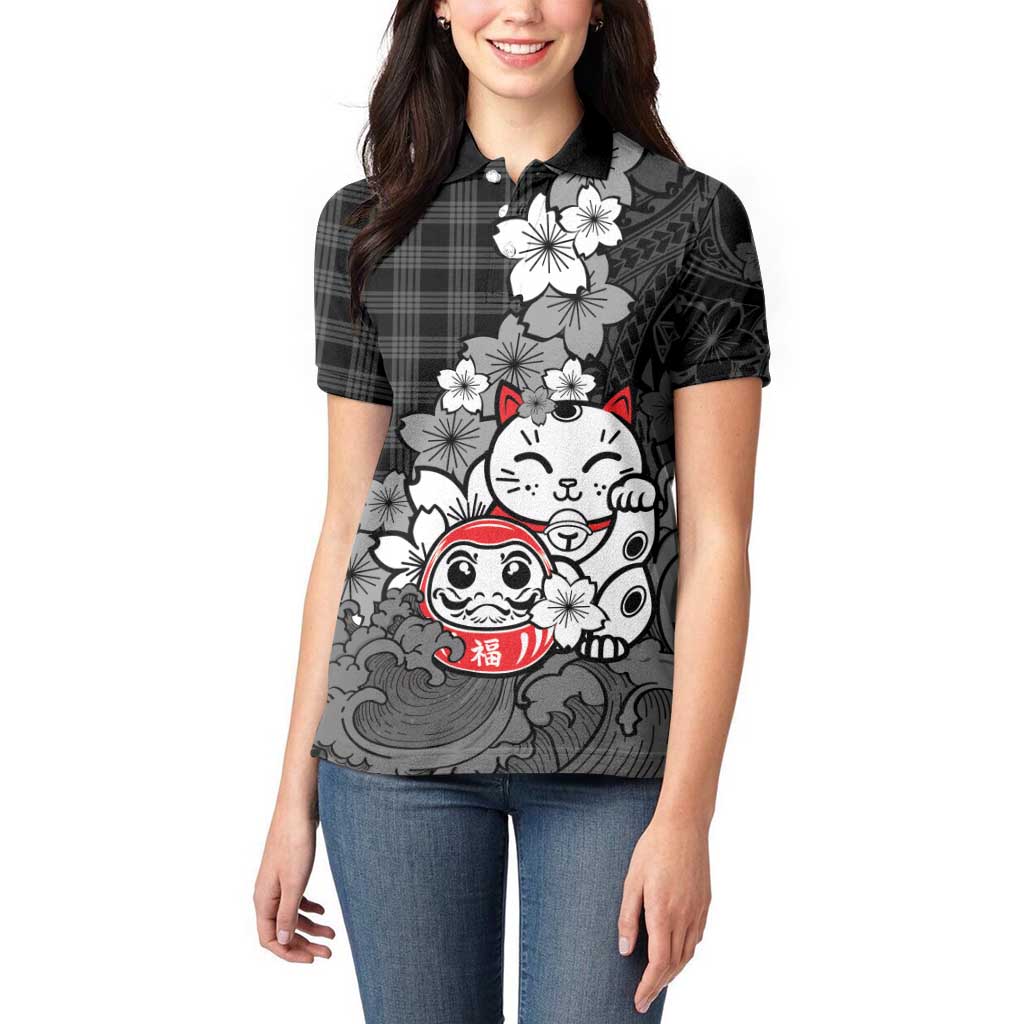 Black Palaka Hawaiian And Japanese Women Polo Shirt Maneki Neko And Sakura Bloom