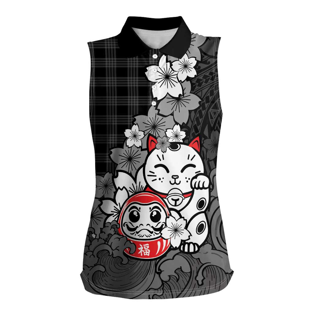 Black Palaka Hawaiian And Japanese Women Sleeveless Polo Shirt Maneki Neko And Sakura Bloom