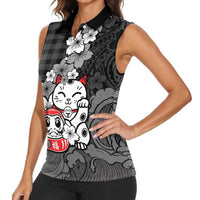 Black Palaka Hawaiian And Japanese Women Sleeveless Polo Shirt Maneki Neko And Sakura Bloom