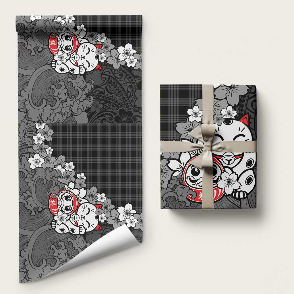 Black Palaka Hawaiian And Japanese Wrapping Paper Maneki Neko And Sakura Bloom