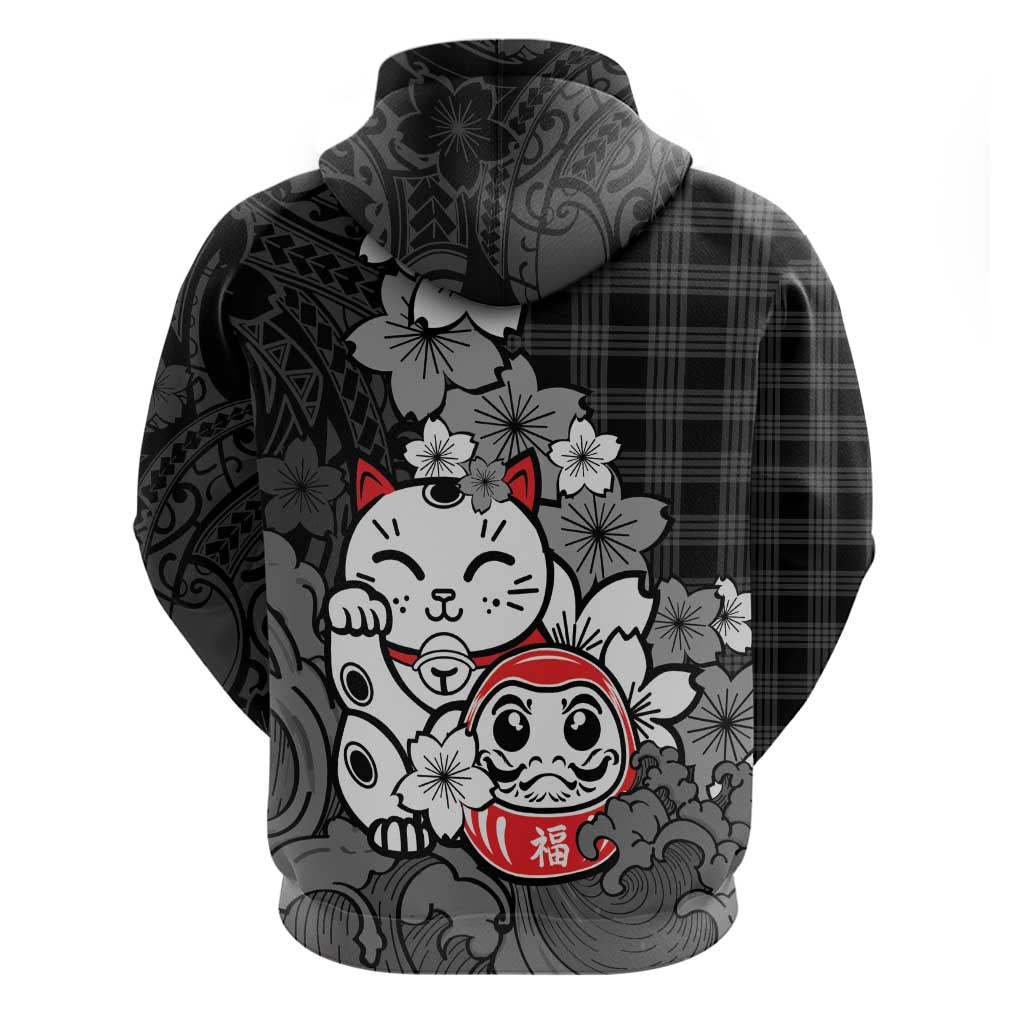 Black Palaka Hawaiian And Japanese Zip Hoodie Maneki Neko And Sakura Bloom