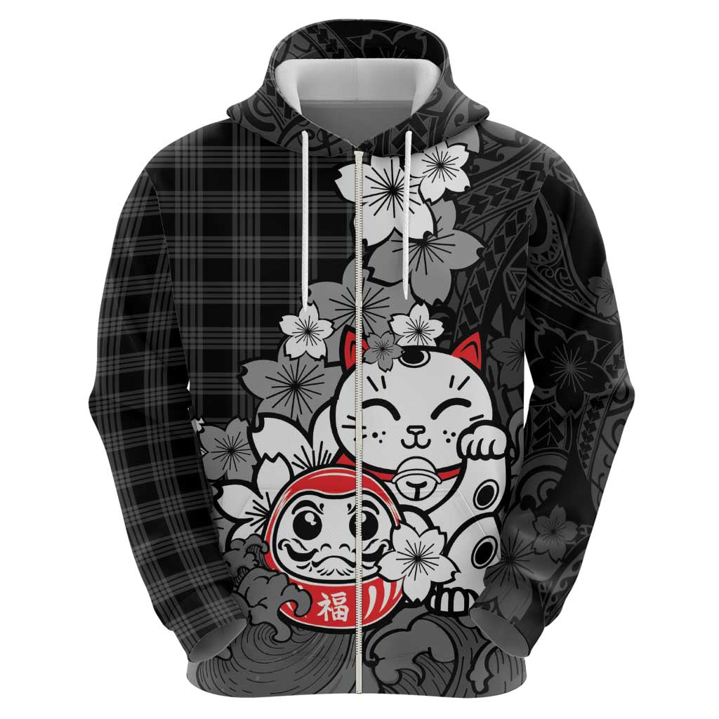 Black Palaka Hawaiian And Japanese Zip Hoodie Maneki Neko And Sakura Bloom