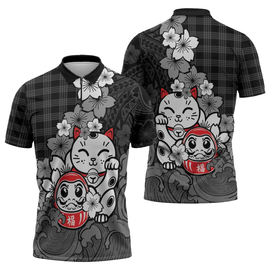 Black Palaka Hawaiian And Japanese Zipper Polo Shirt Maneki Neko And Sakura Bloom