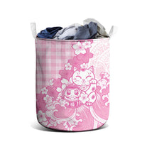 Pink Palaka Hawaiian And Japanese Laundry Basket Maneki Neko And Sakura Bloom