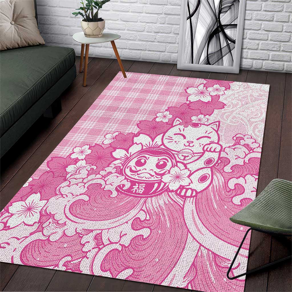 Pink Palaka Hawaiian And Japanese Area Rug Maneki Neko And Sakura Bloom
