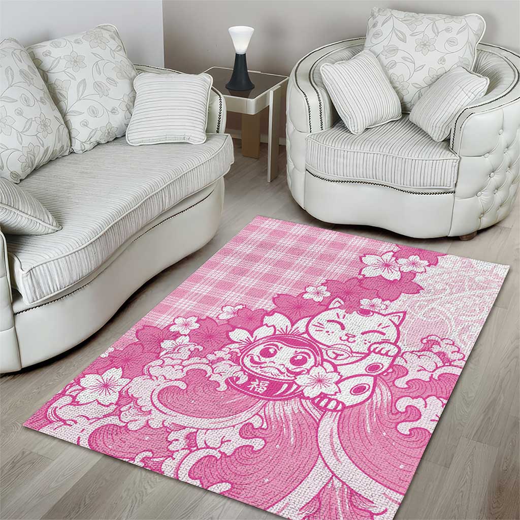 Pink Palaka Hawaiian And Japanese Area Rug Maneki Neko And Sakura Bloom