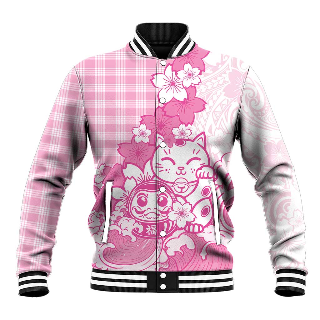 Pink Palaka Hawaiian And Japanese Baseball Jacket Maneki Neko And Sakura Bloom