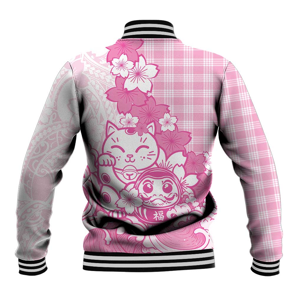 Pink Palaka Hawaiian And Japanese Baseball Jacket Maneki Neko And Sakura Bloom