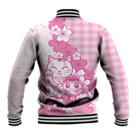 Pink Palaka Hawaiian And Japanese Baseball Jacket Maneki Neko And Sakura Bloom