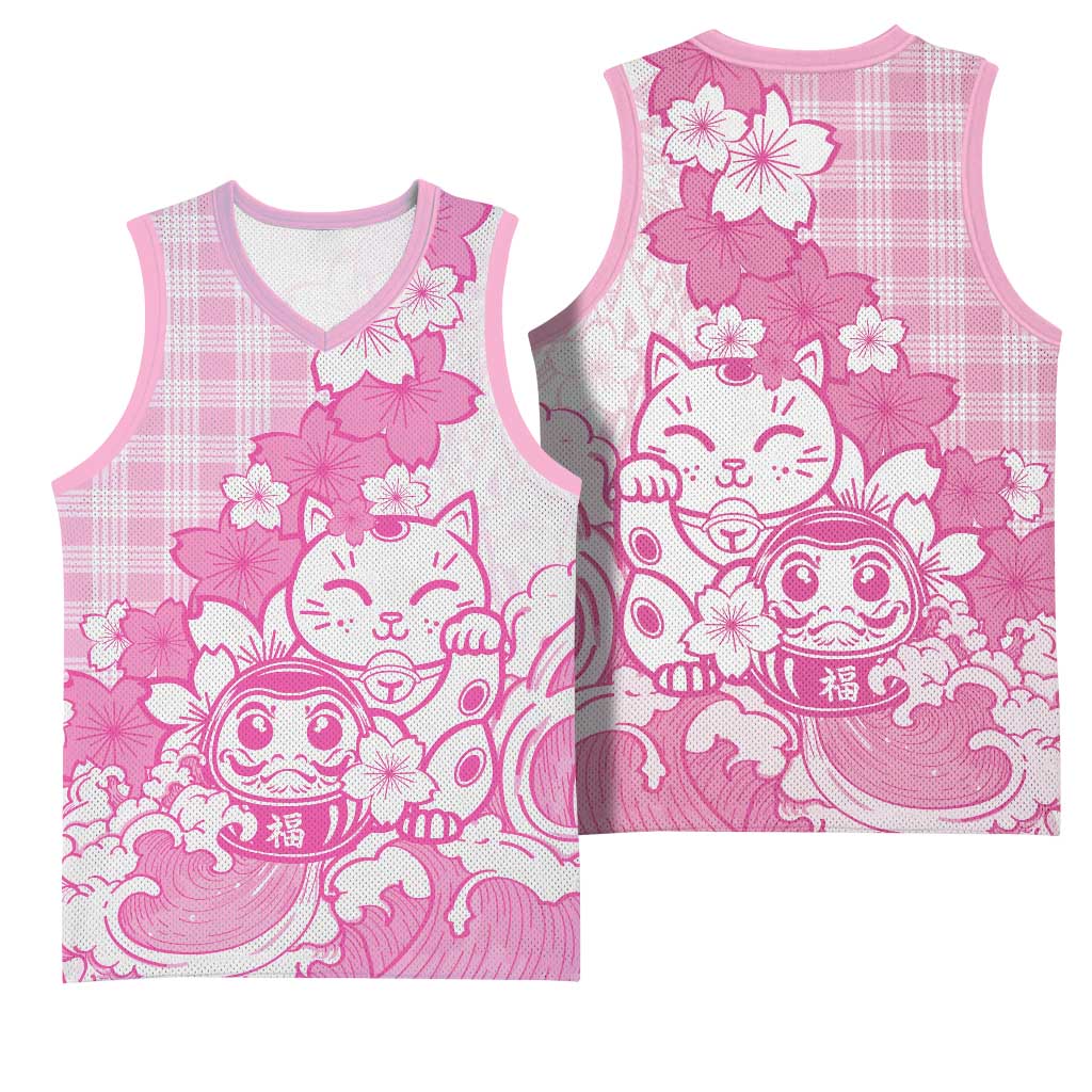 Pink Palaka Hawaiian And Japanese Basketball Jersey Maneki Neko And Sakura Bloom