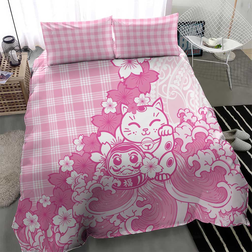 Pink Palaka Hawaiian And Japanese Bedding Set Maneki Neko And Sakura Bloom