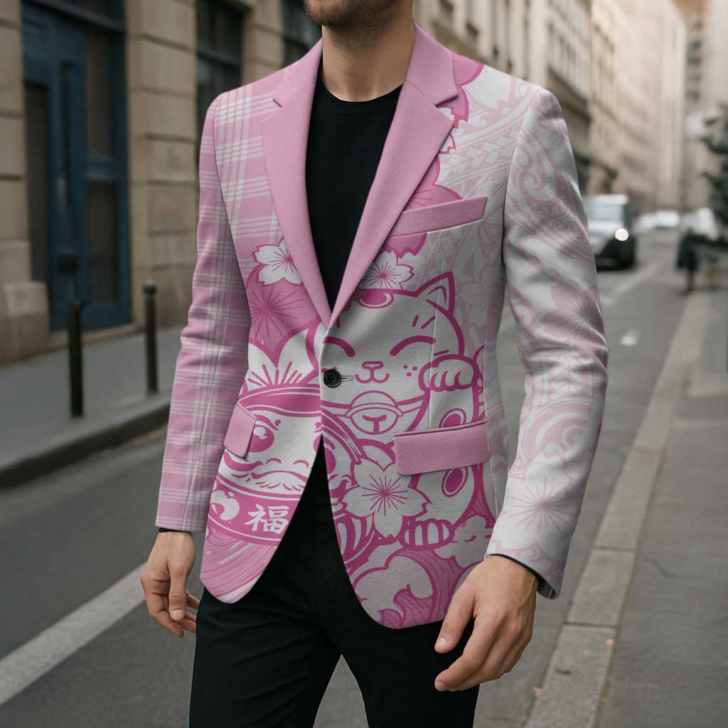 Pink Palaka Hawaiian And Japanese Blazer Maneki Neko And Sakura Bloom
