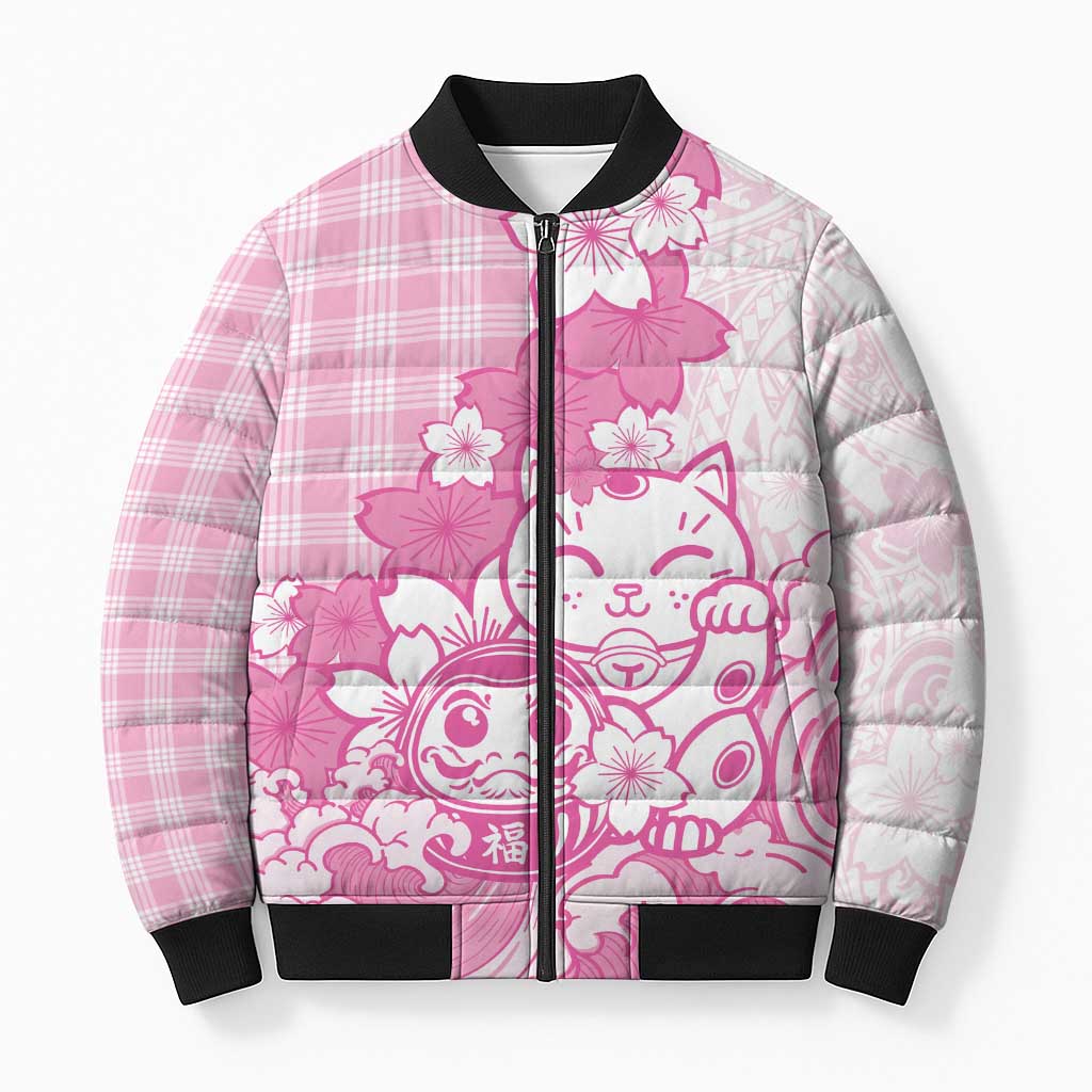 Pink Palaka Hawaiian And Japanese Bomber Puffer Jacket Maneki Neko And Sakura Bloom
