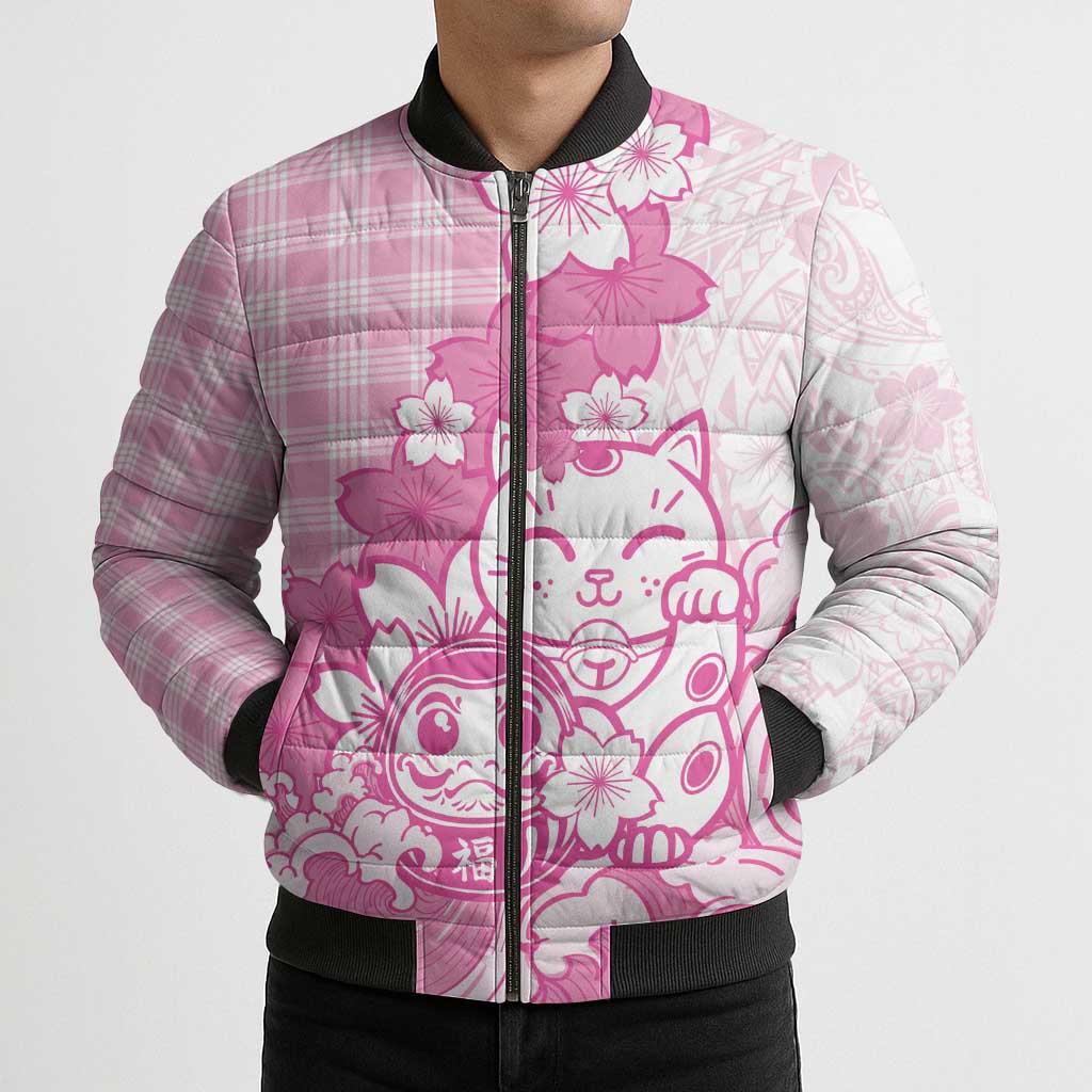 Pink Palaka Hawaiian And Japanese Bomber Puffer Jacket Maneki Neko And Sakura Bloom