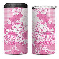 Pink Palaka Hawaiian And Japanese 4 in 1 Can Cooler Tumbler Maneki Neko And Sakura Bloom