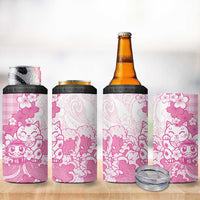 Pink Palaka Hawaiian And Japanese 4 in 1 Can Cooler Tumbler Maneki Neko And Sakura Bloom