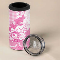 Pink Palaka Hawaiian And Japanese 4 in 1 Can Cooler Tumbler Maneki Neko And Sakura Bloom